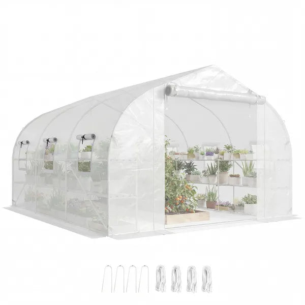 Outsunny 10 ft x 11 ft x 6 ft Walk-in Tunnel Greenhouse with Shelves, Mesh Door and Windows, Plant Hot House with PE Cover, White - product image 11