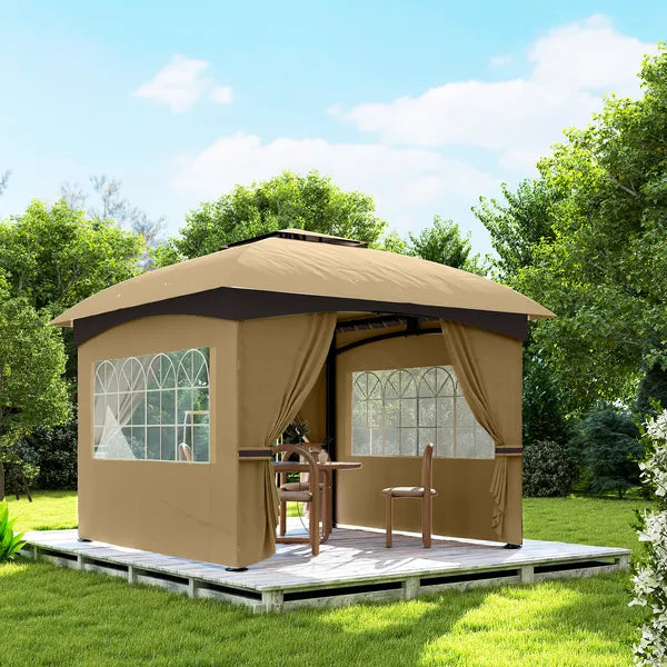 Outsunny 11 ft x 11 ft Outdoor Gazebo, Double Roof Patio Gazebo with Curtains, Church Windows, Galvanized Steel Frame, Beige - product image 8