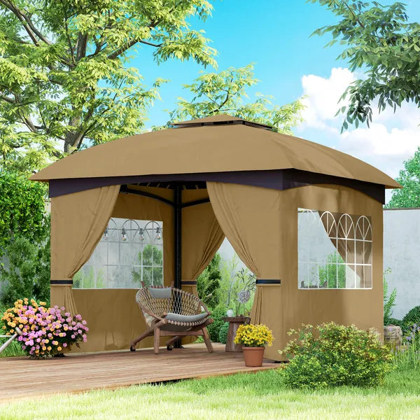 Outsunny 11 ft x 11 ft Outdoor Gazebo, Double Roof Patio Gazebo with Curtains, Church Windows, Galvanized Steel Frame, Beige - product image 2