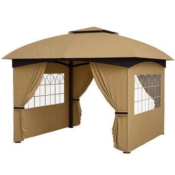 Outsunny 11 ft x 11 ft Outdoor Gazebo, Double Roof Patio Gazebo with Curtains, Church Windows, Galvanized Steel Frame, Beige - product image 1