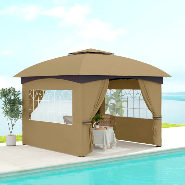 Outsunny 11 ft x 11 ft Outdoor Gazebo, Double Roof Patio Gazebo with Curtains, Church Windows, Galvanized Steel Frame, Beige - product image 10