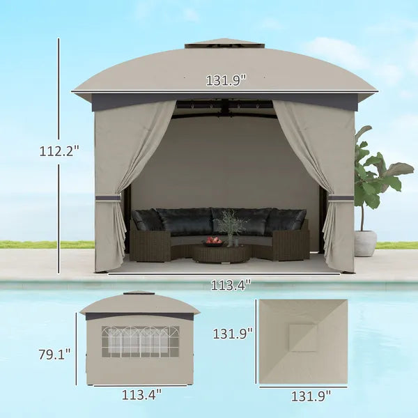 Outsunny 11 ft x 11 ft Outdoor Gazebo, Double Roof Patio Gazebo with Curtains, Church Windows, Galvanized Steel Frame, Light Gray - product image 3
