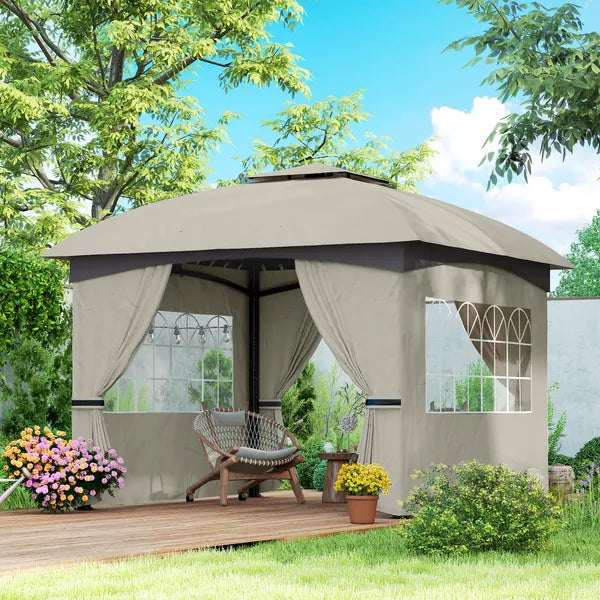 Outsunny 11 ft x 11 ft Outdoor Gazebo, Double Roof Patio Gazebo with Curtains, Church Windows, Galvanized Steel Frame, Light Gray - product image 2