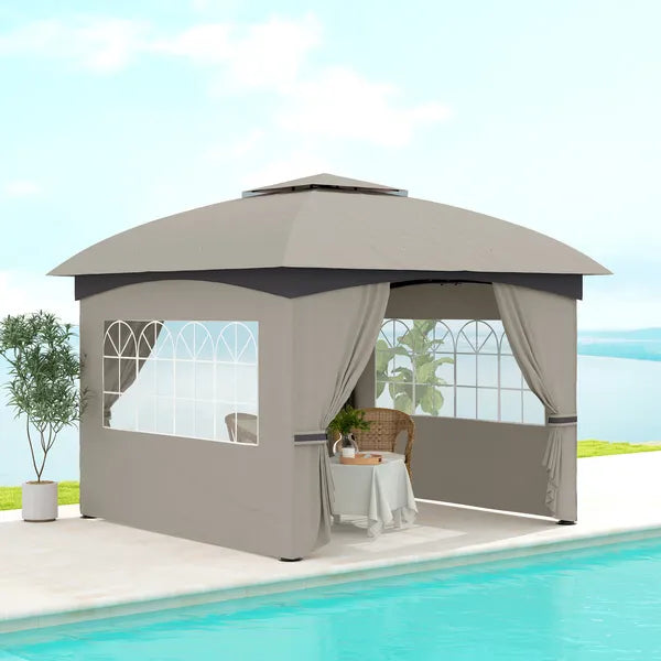 Outsunny 11 ft x 11 ft Outdoor Gazebo, Double Roof Patio Gazebo with Curtains, Church Windows, Galvanized Steel Frame, Light Gray - product image 10