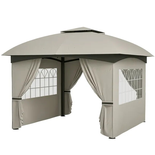 Outsunny 11 ft x 11 ft Outdoor Gazebo, Double Roof Patio Gazebo with Curtains, Church Windows, Galvanized Steel Frame, Light Gray - product image 1