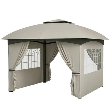 Outsunny 11 ft x 11 ft Outdoor Gazebo, Double Roof Patio Gazebo with Curtains, Church Windows, Galvanized Steel Frame, Light Gray - product image 1