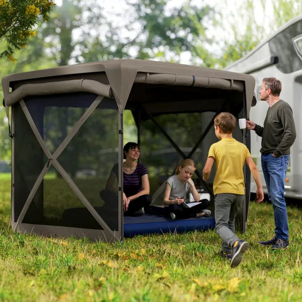 11 x 11ft Pop Up Gazebo Screen Tent with Removable Roof Cover, Roll-up Wind Panels for Camping, Backyard, Brown - product image 2