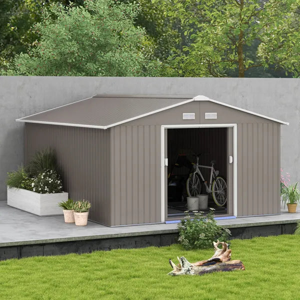 Outsunny 11' x 12.6' Metal Storage Shed, Tin Garden Shed with Double Sliding Doors, 4 Air Vents for Backyard, Patio and Lawn, Light Gray - product image 11