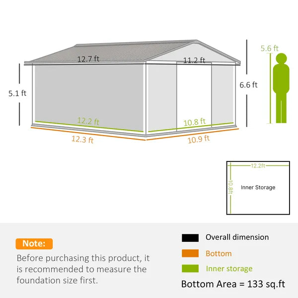 Outsunny 11' x 12.6' Metal Storage Shed, Tin Garden Shed with Double Sliding Doors, 4 Air Vents for Backyard, Patio and Lawn, Light Gray - product image 3