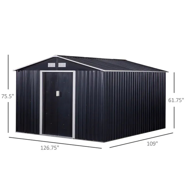 Outsunny 11 ft x 9 ft Metal Storage Shed, Garden Tool House with Double Sliding Doors, 4 Air Vents for Backyard, Patio and Lawn, Dark Gray - product image 3