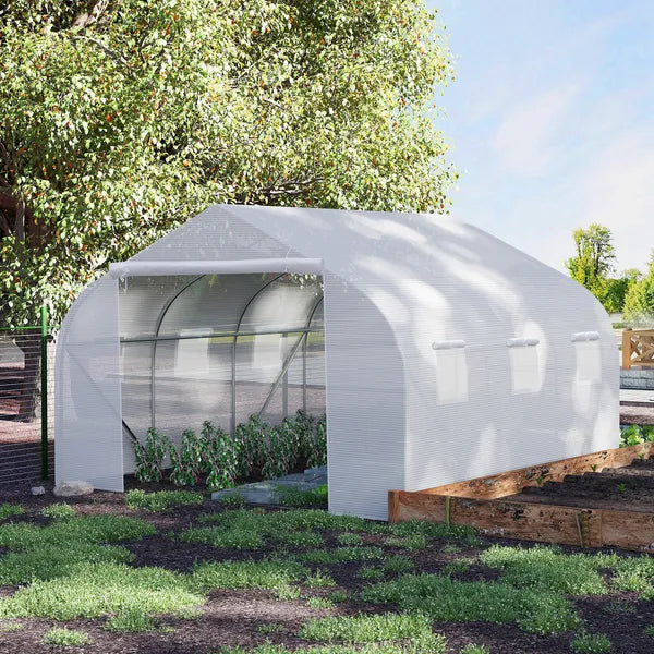 Outsunny 11.5X10X6.5 High Tunnel Greenhouse, with 6 Roll-up Windows, Zippered Door, PE Cover,Steel Frame, Walk-in Greenhouse, White - product image 10