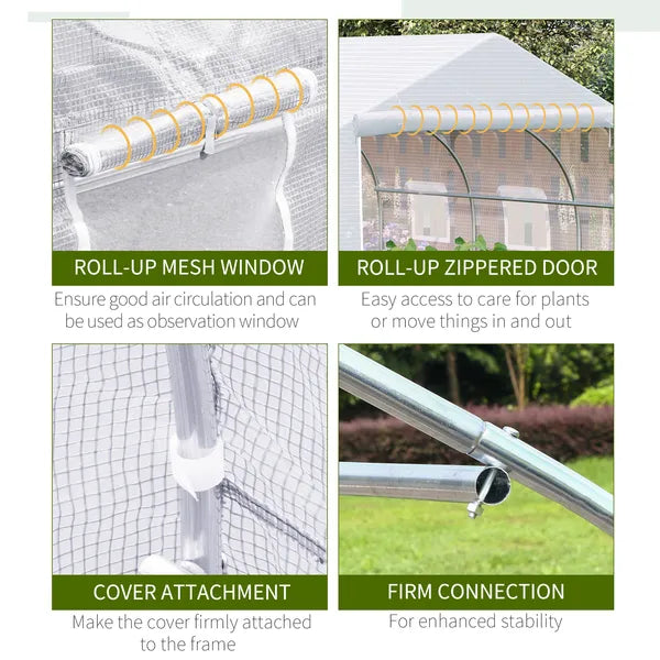 Outsunny 11.5X10X6.5 High Tunnel Greenhouse, with 6 Roll-up Windows, Zippered Door, PE Cover,Steel Frame, Walk-in Greenhouse, White - product image 6