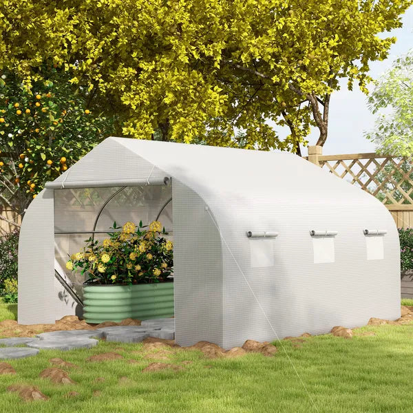 Outsunny 11.5X10X6.5 High Tunnel Greenhouse, with 6 Roll-up Windows, Zippered Door, PE Cover,Steel Frame, Walk-in Greenhouse, White - product image 9