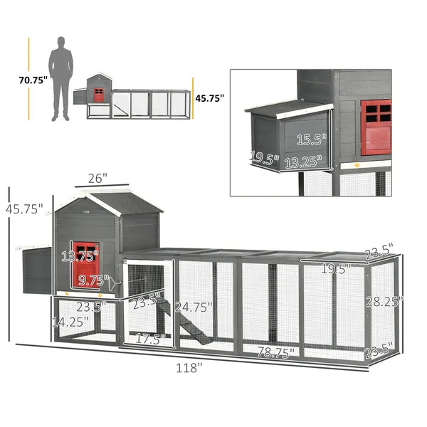 118" Extra Large Chicken Coop with Asphalt Roof, Wooden Hen House with Slide-out Tray, Quail Hutch with Nesting Box, Gray - product image 3
