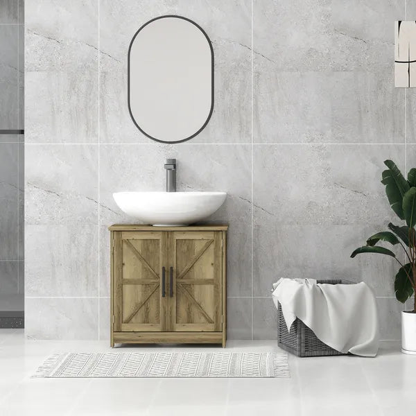 HOMCOM 11.8" W Farmhouse Pedestal Sink Cabinet, Sink Storage Cabinet with 2 Barn Doors and Adjustable Shelf, Light Gray - product image 9