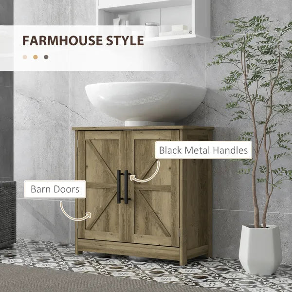 HOMCOM 11.8" W Farmhouse Pedestal Sink Cabinet, Sink Storage Cabinet with 2 Barn Doors and Adjustable Shelf, Light Gray - product image 5