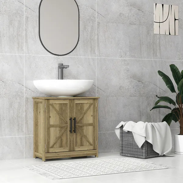 HOMCOM 11.8" W Farmhouse Pedestal Sink Cabinet, Sink Storage Cabinet with 2 Barn Doors and Adjustable Shelf, Light Gray - product image 2