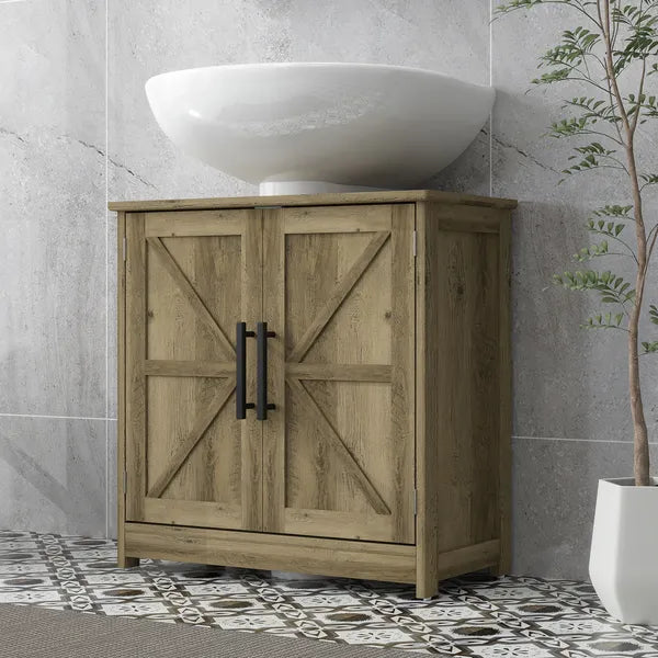 HOMCOM 11.8" W Farmhouse Pedestal Sink Cabinet, Sink Storage Cabinet with 2 Barn Doors and Adjustable Shelf, Light Gray - product image 8