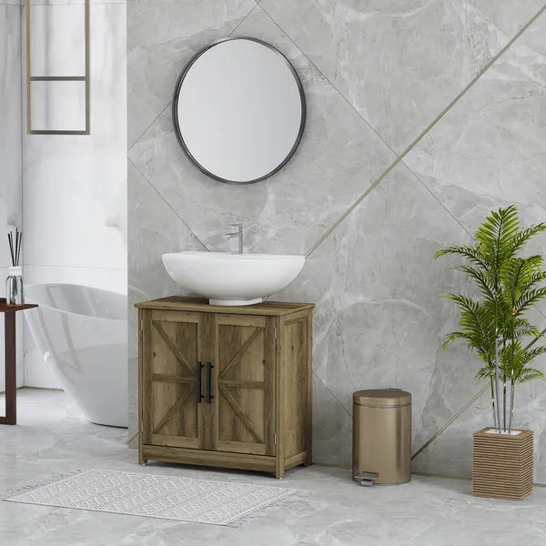 HOMCOM 11.8" W Farmhouse Pedestal Sink Cabinet, Sink Storage Cabinet with 2 Barn Doors and Adjustable Shelf, Light Gray - product image 10