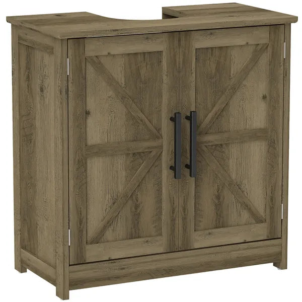 HOMCOM 11.8" W Farmhouse Pedestal Sink Cabinet, Sink Storage Cabinet with 2 Barn Doors and Adjustable Shelf, Light Gray - product image 11