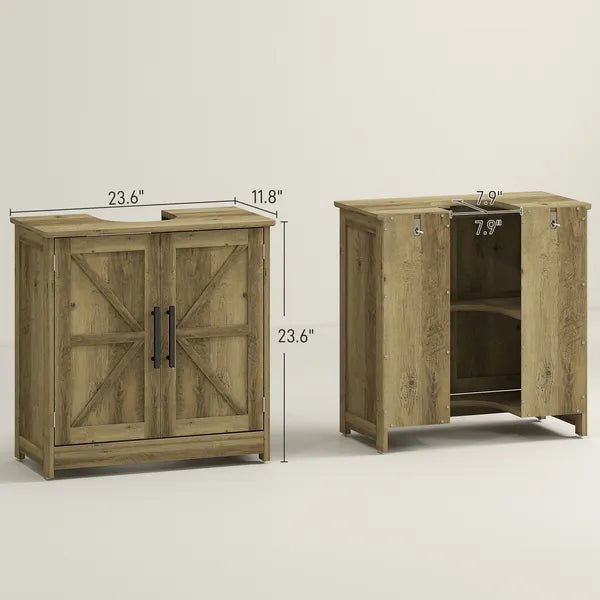 HOMCOM 11.8" W Farmhouse Pedestal Sink Cabinet, Sink Storage Cabinet with 2 Barn Doors and Adjustable Shelf, Light Gray - product image 3