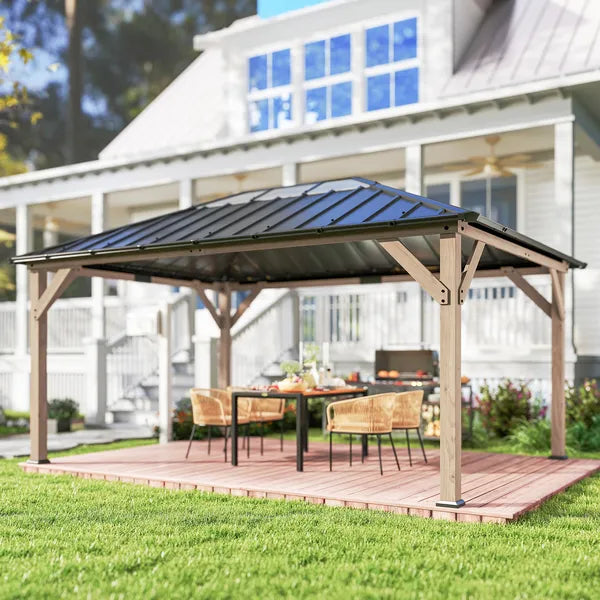 Outsunny 12 ft x 16 ft Hardtop Gazebo with Galvanized Steel Roof, UPF50+ Wood Permanent Pavilion with Clear Roof Top, Light Walnut - product image 10