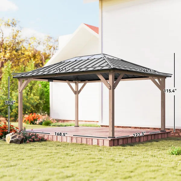 Outsunny 12 ft x 16 ft Hardtop Gazebo with Galvanized Steel Roof, UPF50+ Wood Permanent Pavilion with Clear Roof Top, Light Walnut - product image 3