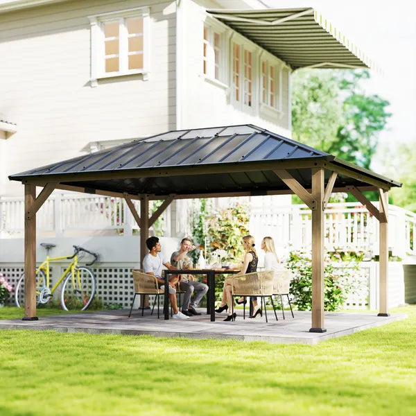 Outsunny 12 ft x 16 ft Hardtop Gazebo with Galvanized Steel Roof, UPF50+ Wood Permanent Pavilion with Clear Roof Top, Light Walnut - product image 2