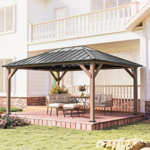 Outsunny 12 ft x 16 ft Hardtop Gazebo with Galvanized Steel Roof, UPF50+ Wood Permanent Pavilion with Clear Roof Top, Light Walnut - product image 9