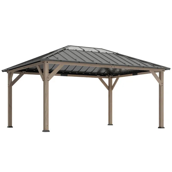 Outsunny 12 ft x 16 ft Hardtop Gazebo with Galvanized Steel Roof, UPF50+ Wood Permanent Pavilion with Clear Roof Top, Light Walnut - product image 11