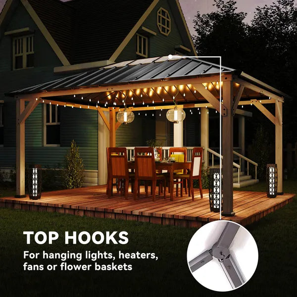 Outsunny 12 ft x 16 ft Hardtop Gazebo with Galvanized Steel Roof, UPF50+ Wood Permanent Pavilion with Clear Roof Top, Light Walnut - product image 7