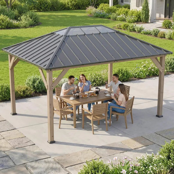 Outsunny 12 ft x 16 ft Hardtop Gazebo with Galvanized Steel Roof, UPF50+ Wood Permanent Pavilion with Clear Roof Top, Light Walnut - product image 8