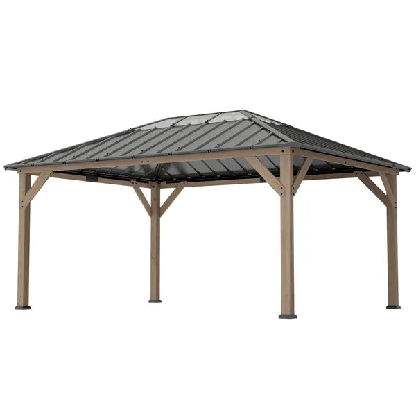Outsunny 12 ft x 16 ft Hardtop Gazebo with Galvanized Steel Roof, UPF50+ Wood Permanent Pavilion with Clear Roof Top, Light Walnut - product image 1