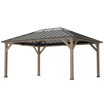 Outsunny 12 ft x 16 ft Hardtop Gazebo with Galvanized Steel Roof, UPF50+ Wood Permanent Pavilion with Clear Roof Top, Light Walnut - product image 1