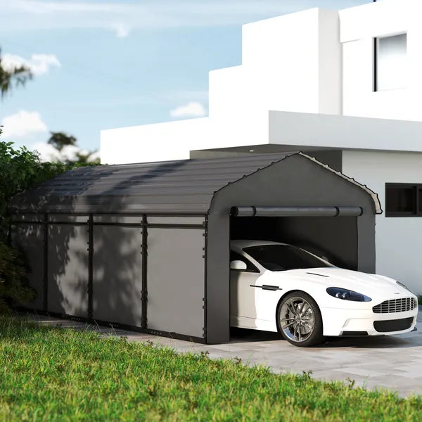Outsunny 12 ft x 20 ft Metal Carport, Heavy Duty Garage Car Canopy with Galvanized Metal Roof and Removable Sidewalls, Dark Gray - product image 2