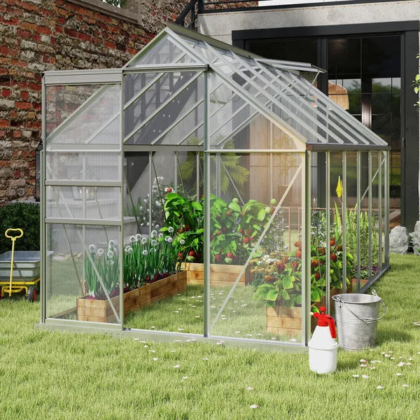Outsunny 12' x 6' Aluminum Greenhouse, Polycarbonate Walk-in Garden Greenhouse Kit with Adjustable Roof Vent, Rain Gutter and Sliding Door, Silver - product image 2