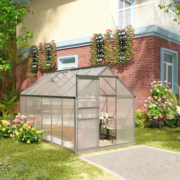 Outsunny 12' x 6' Aluminum Greenhouse, Polycarbonate Walk-in Garden Greenhouse Kit with Adjustable Roof Vent, Rain Gutter and Sliding Door, Silver - product image 8
