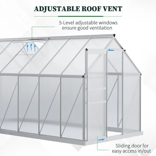 Outsunny 12' x 6' Aluminum Greenhouse, Polycarbonate Walk-in Garden Greenhouse Kit with Adjustable Roof Vent, Rain Gutter and Sliding Door, Silver - product image 5
