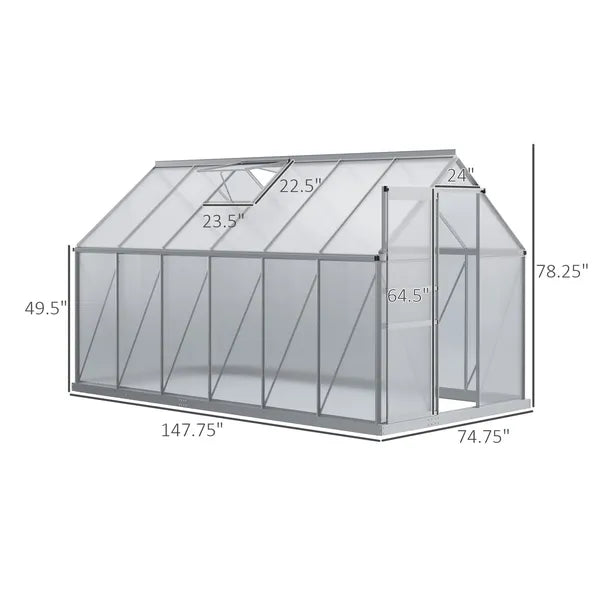 Outsunny 12' x 6' Aluminum Greenhouse, Polycarbonate Walk-in Garden Greenhouse Kit with Adjustable Roof Vent, Rain Gutter and Sliding Door, Silver - product image 3
