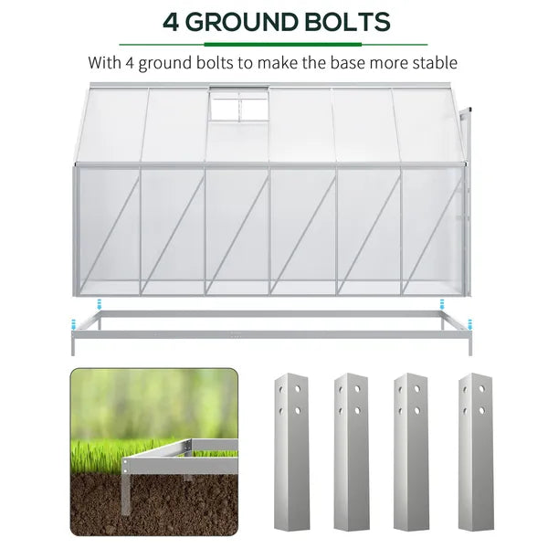 Outsunny 12' x 6' Aluminum Greenhouse, Polycarbonate Walk-in Garden Greenhouse Kit with Adjustable Roof Vent, Rain Gutter and Sliding Door, Silver - product image 6
