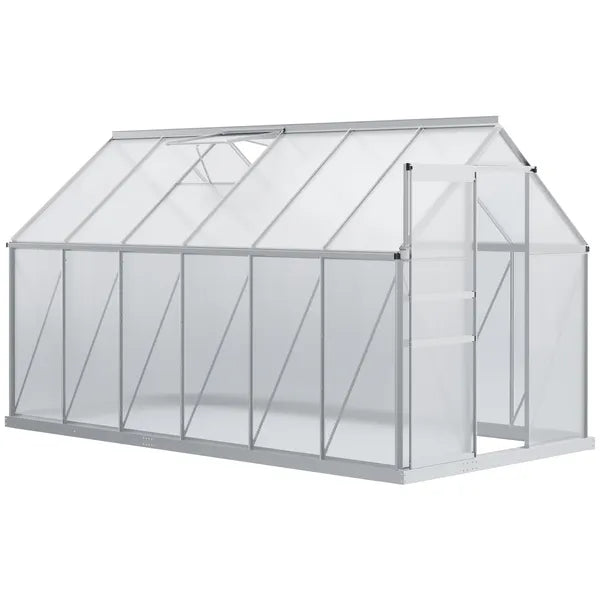 Outsunny 12' x 6' Aluminum Greenhouse, Polycarbonate Walk-in Garden Greenhouse Kit with Adjustable Roof Vent, Rain Gutter and Sliding Door, Silver - product image 1