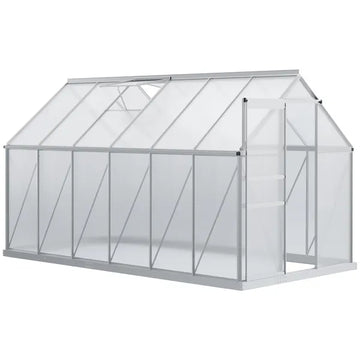 Outsunny 12' x 6' Aluminum Greenhouse, Polycarbonate Walk-in Garden Greenhouse Kit with Adjustable Roof Vent, Rain Gutter and Sliding Door, Silver - product image 1