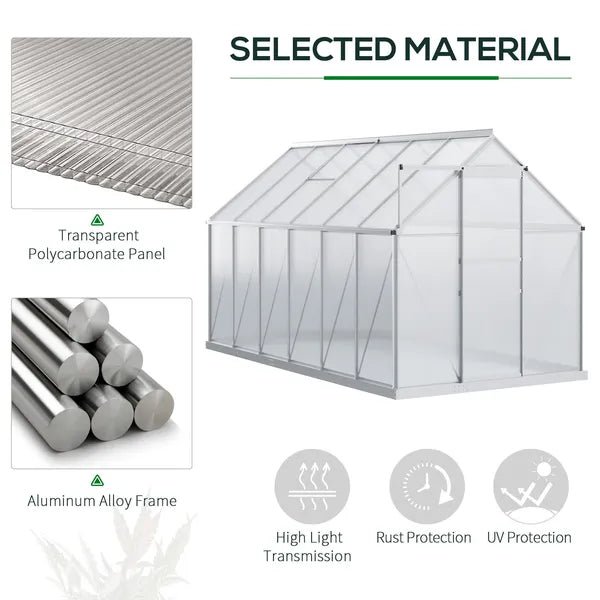 Outsunny 12' x 6' Aluminum Greenhouse, Polycarbonate Walk-in Garden Greenhouse Kit with Adjustable Roof Vent, Rain Gutter and Sliding Door, Silver - product image 4