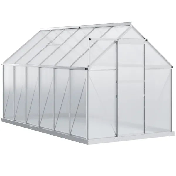 Outsunny 12' x 6' Aluminum Greenhouse, Polycarbonate Walk-in Garden Greenhouse Kit with Adjustable Roof Vent, Rain Gutter and Sliding Door, Silver - product image 12