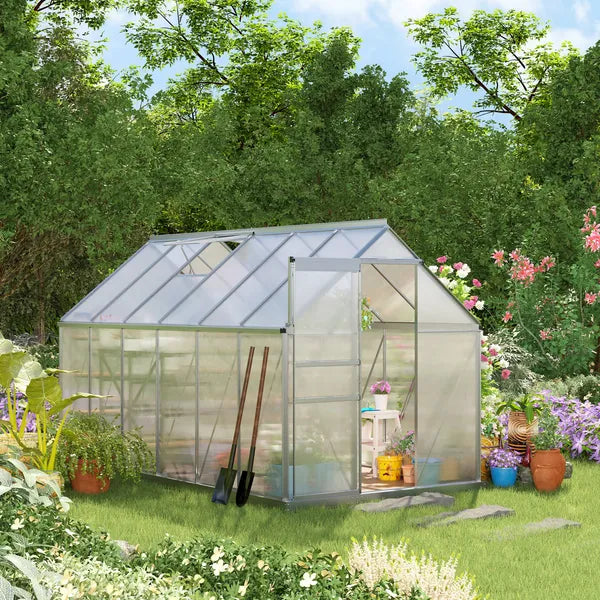 Outsunny 12' x 6' Aluminum Greenhouse, Polycarbonate Walk-in Garden Greenhouse Kit with Adjustable Roof Vent, Rain Gutter and Sliding Door, Silver - product image 9