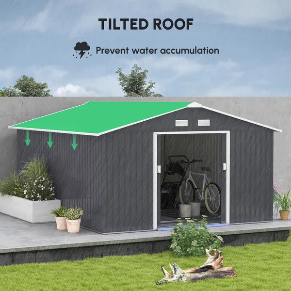 Outsunny 12.6 ft x 11 ft Metal Storage Shed, Garden Tool House with Double Sliding Doors, 4 Air Vents for Backyard, Patio and Lawn, Dark Gray - product image 4