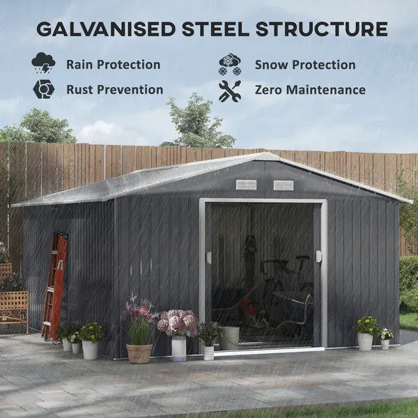 Outsunny 12.6 ft x 11 ft Metal Storage Shed, Garden Tool House with Double Sliding Doors, 4 Air Vents for Backyard, Patio and Lawn, Dark Gray - product image 5