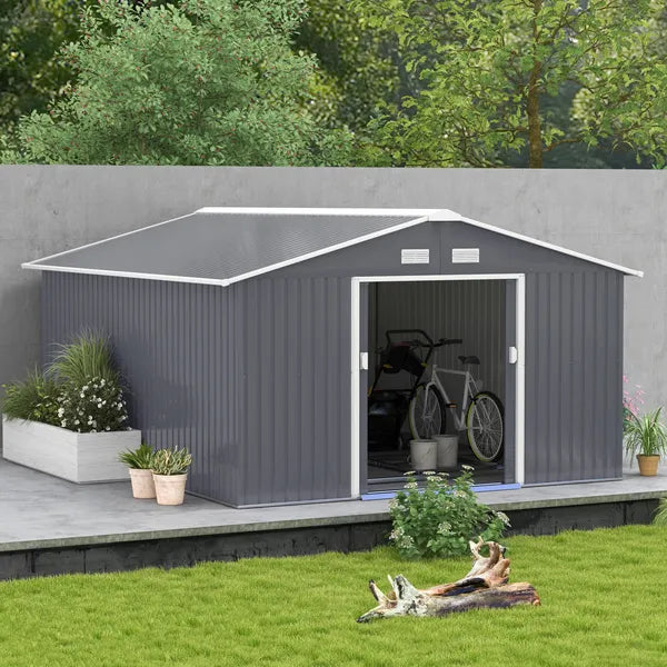 Outsunny 12.6 ft x 11 ft Metal Storage Shed, Garden Tool House with Double Sliding Doors, 4 Air Vents for Backyard, Patio and Lawn, Dark Gray - product image 11