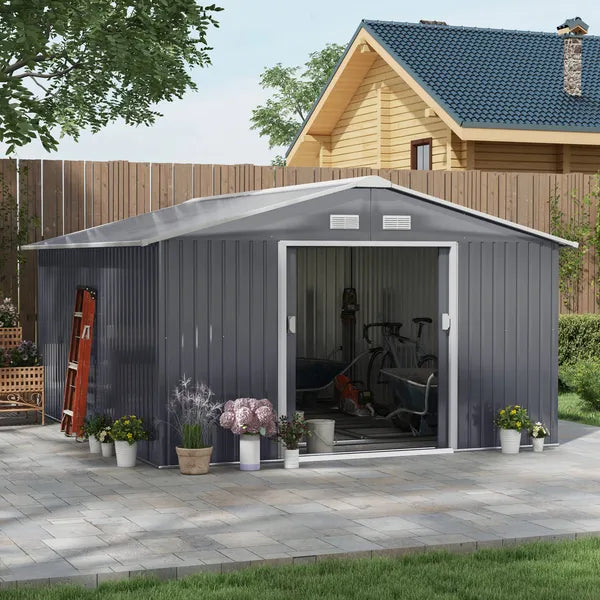 Outsunny 12.6 ft x 11 ft Metal Storage Shed, Garden Tool House with Double Sliding Doors, 4 Air Vents for Backyard, Patio and Lawn, Dark Gray - product image 2