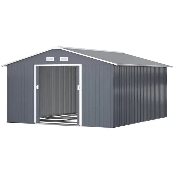 Outsunny 12.6 ft x 11 ft Metal Storage Shed, Garden Tool House with Double Sliding Doors, 4 Air Vents for Backyard, Patio and Lawn, Dark Gray - product image 1